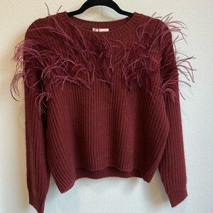Cinq a Sept 5a7 ostrich feather maroon crimson crew neck sweater